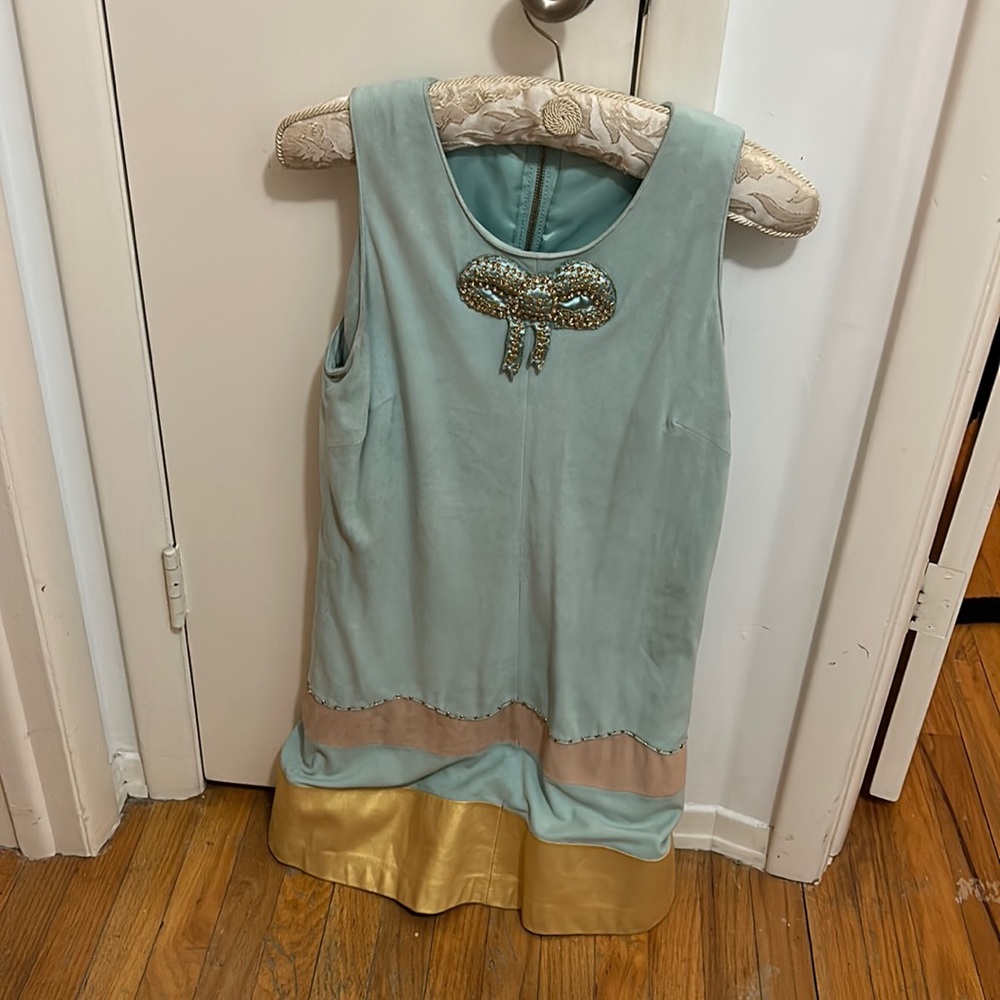 Manoush mint green suede with gold leather trim cocktail dress size 38